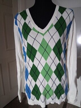 Liz Claiborne White V-Neck Argyle Sweater with Green & Blue Diamonds